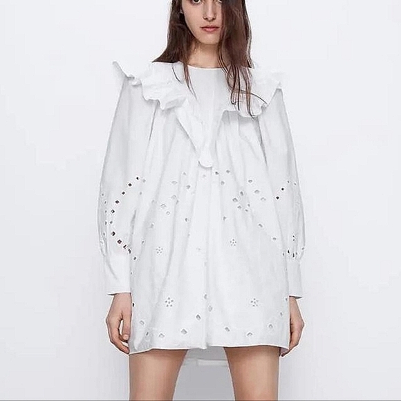 Zara White Cutwork Embroidery Long Sleeve Eyelet Oversized Ruffled Dress NWT - Picture 6 of 16